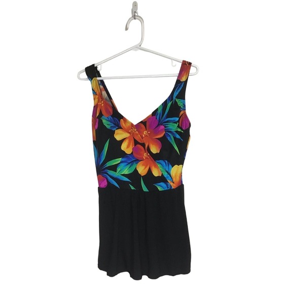 Black Tropical One-Piece Swim Dress‎ Size 12 - Picture 2 of 6